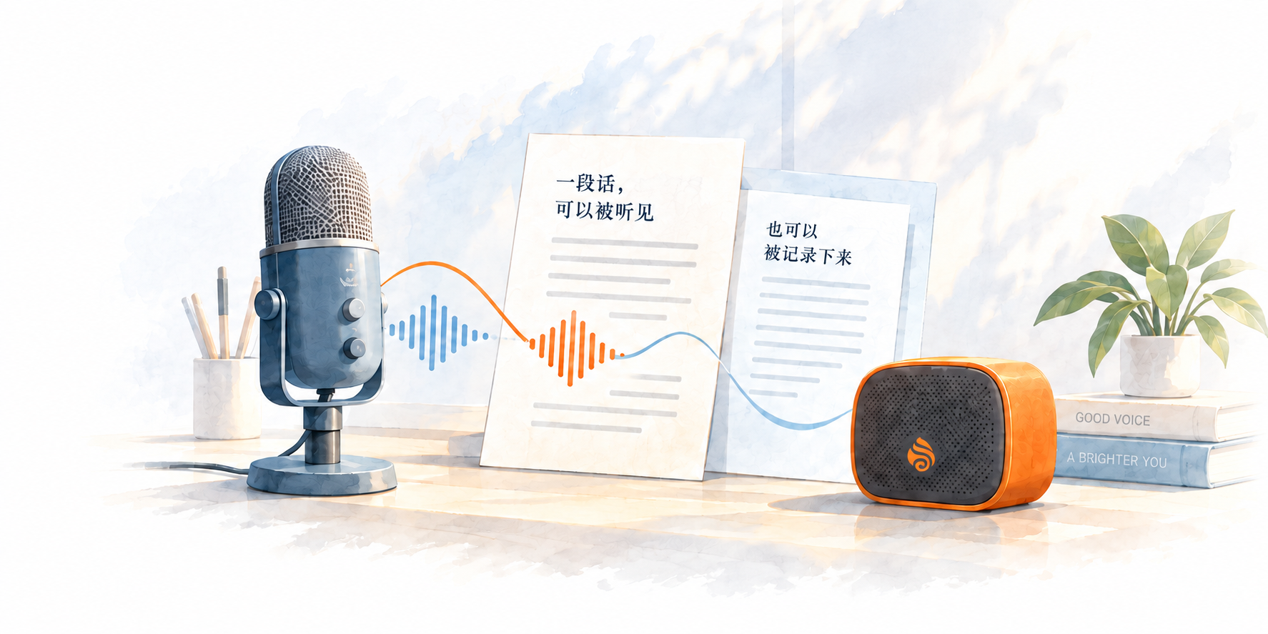 麦克风、文稿与橙色音箱，让文字与声音自然连接